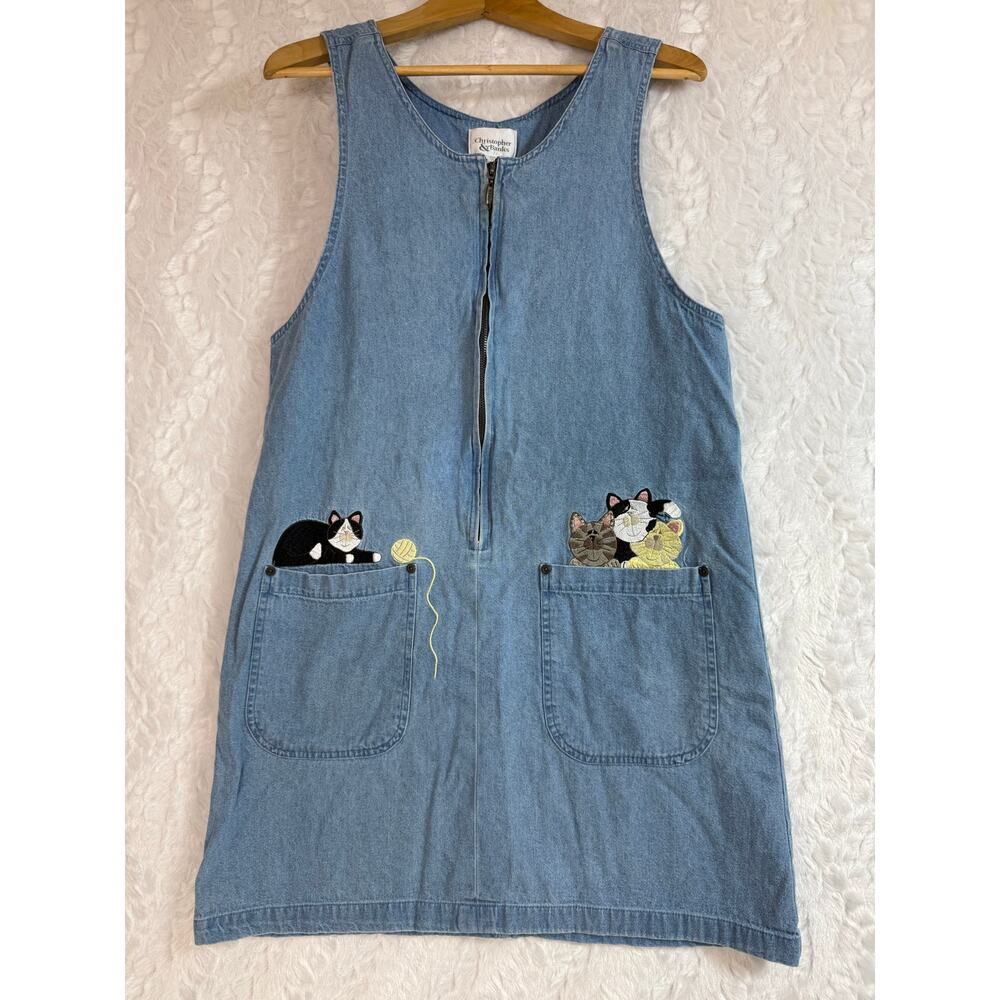 VTG 90s Y2K Christopher & Banks Embroidered Denim Cats Yarn Dress Pockets S / M*